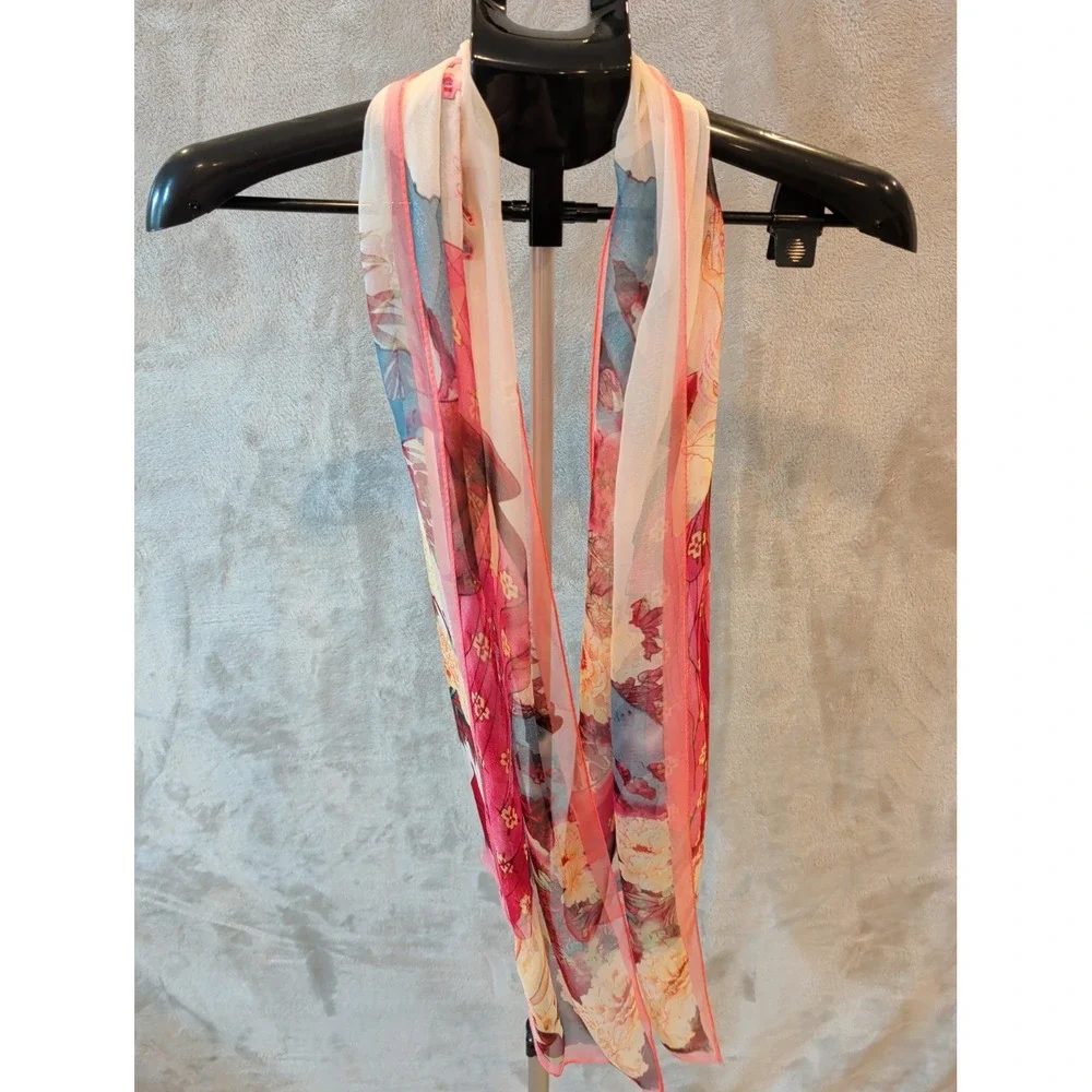 Japanese Geisha Floral Scarf Pink Peony Silk Feel Polyester Sheer Wrap 62x20